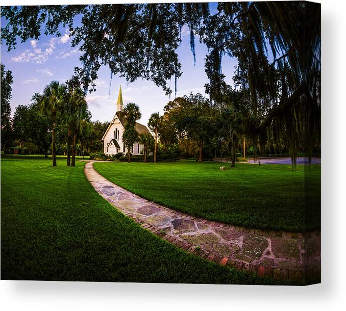 Epworth By The Sea Canvas Print featuring the photograph His Light Shines Beyond Oaks and Palms by Chris Bordeleau
