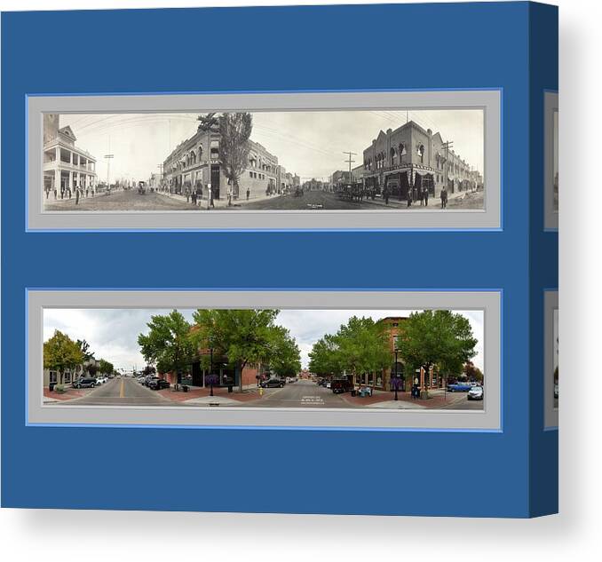 Historic Panorama Panoramic Reproduction Old New Now Then Nampa Idaho Canvas Print featuring the photograph Historic Nampa Idaho Panoramic Reproduction by Ken DePue