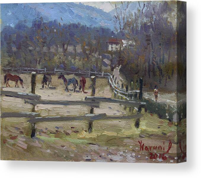 Horse Farm Canvas Print featuring the painting Horse Farm in Limana by Ylli Haruni