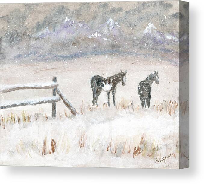 Horses Canvas Print featuring the painting Horses in Snow by Sheila Johns