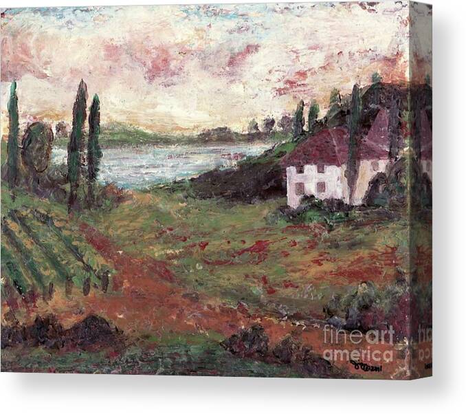 Landscape Canvas Print featuring the painting House by the lake by Jiji Lee