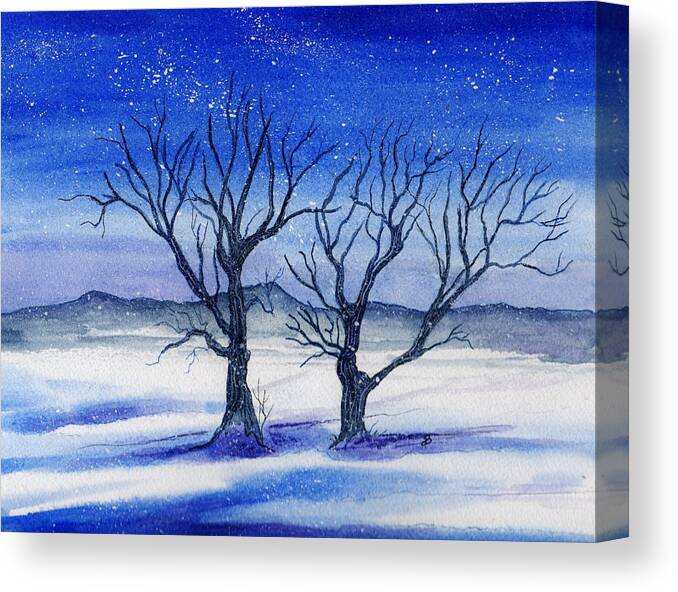Watercolor Canvas Print featuring the painting Huddled on a Snowy Field. by Brenda Owen
