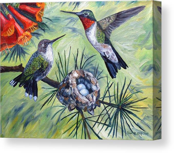 Hummingbirds Canvas Print featuring the painting Hummingbird Family by Julie Brugh Riffey