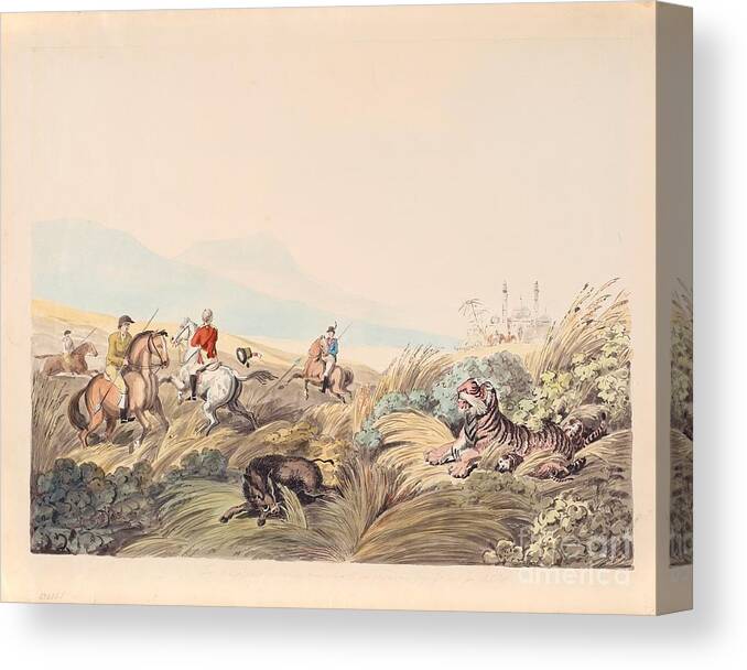 Hunting Scene With Tiger And Boar. People. Animals Canvas Print featuring the painting Hunting Scene With Tiger And Boar by MotionAge Designs