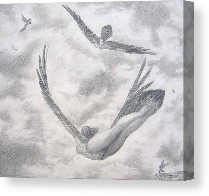 People Flying Canvas Print featuring the drawing Icarus Suits by Julianna Ziegler