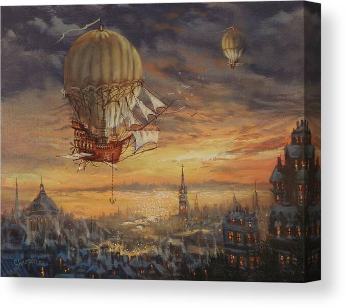 Airship Canvas Print featuring the painting In Her Majesty's Service Steampunk Series by Tom Shropshire