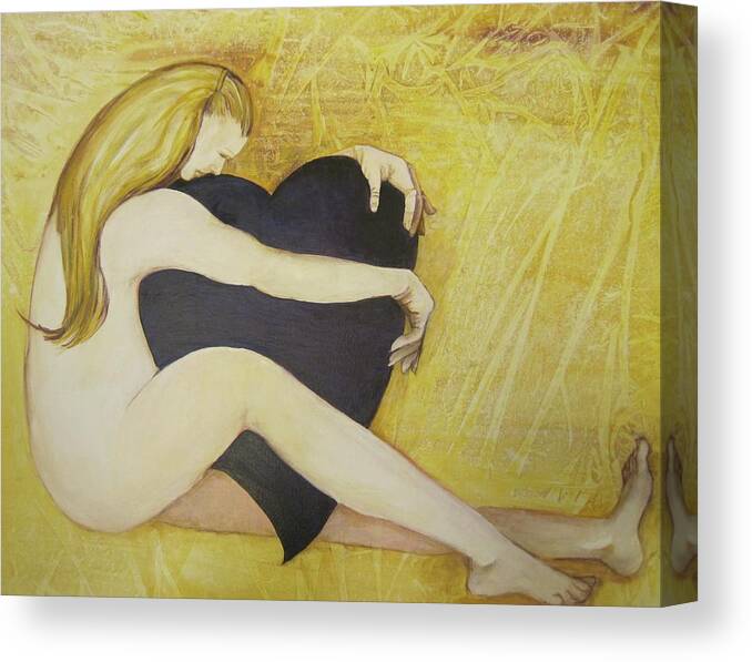 This Is A Figurative Painting Featuring A Nude Woman Hugging A Large Purple Heart. Rendered In Hues Of White Canvas Print featuring the painting In Love With Love by Georgia Annwell