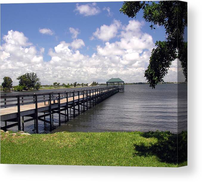 Indialantic; Pier; Florida; Brevard; Melbourne; Indian; River; Intercoastal; Waterway; Clouds South; Canvas Print featuring the photograph Indialantic Pier On The Indian River Lagoon In Central Florida by Allan Hughes