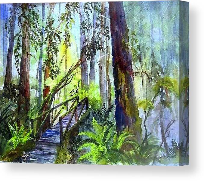 Misty Redwoods Canvas Print featuring the painting Into The Mist by Esther Woods