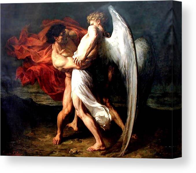 Jacob Wrestling With The Angel Canvas Print featuring the painting Jacob Wrestling with the Angel by Alexander Louis Leloir