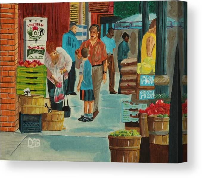 Cityscape Canvas Print featuring the painting Jame St Fish Market by David Bigelow