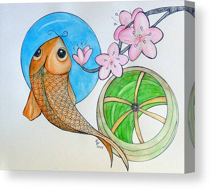 Cherry Canvas Print featuring the painting Karp and Cherry Blooms by Loretta Nash