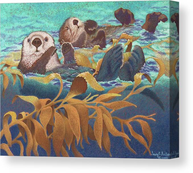 Sea Otters Canvas Print featuring the pastel Keepers of the Kelp by Tracy L Teeter 
