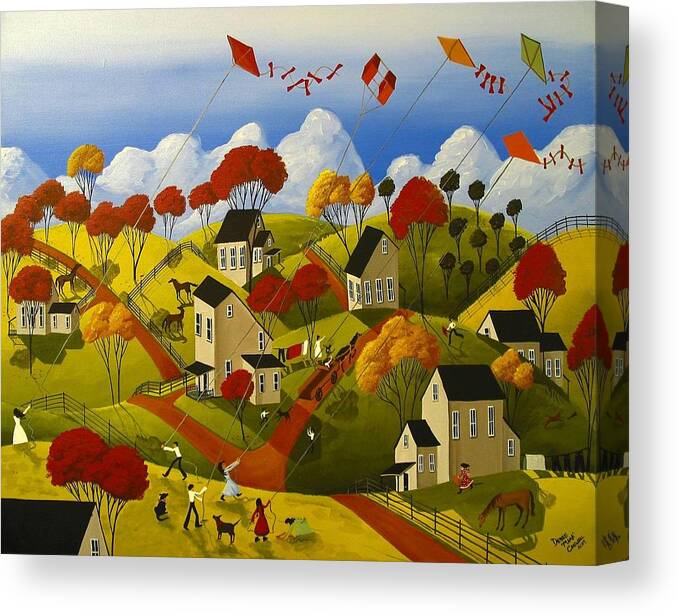 Folk Art Canvas Print featuring the painting Kite Flying Frenzy by Debbie Criswell