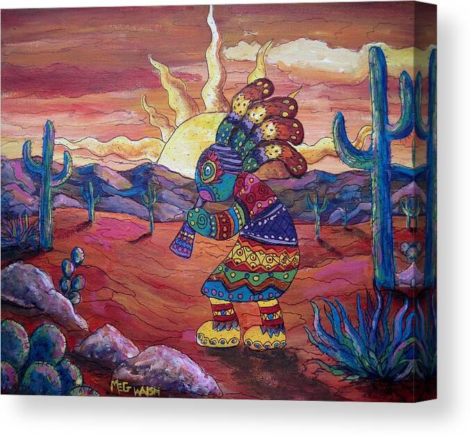 Southwestern Art Canvas Print featuring the painting Kokopelli sunset by Megan Walsh