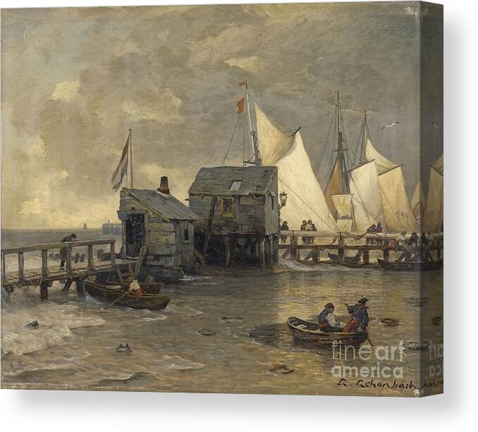 Andreas Achenbach Canvas Print featuring the painting Landing Stage With Sailing Ships by MotionAge Designs