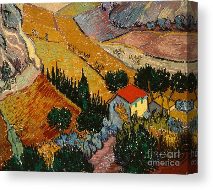 Landscape Canvas Print featuring the painting Landscape with House and Ploughman by Vincent Van Gogh