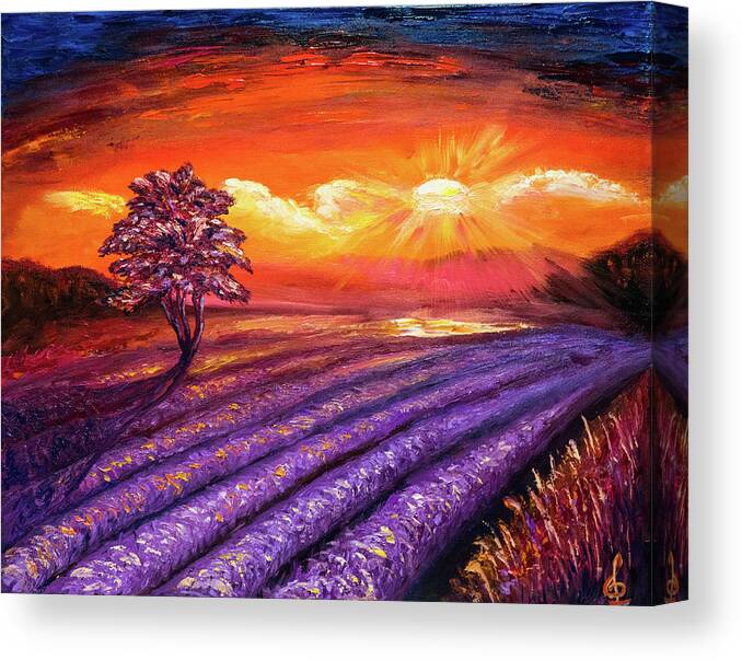 Lavender Canvas Print featuring the painting Lavender field at Sunset by Lilia S