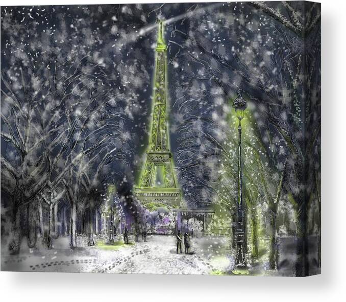 Eiffel Tower Landscape- Night Shot Canvas Print featuring the digital art L'Eiffel de Paris du Hiver by Rob Hartman