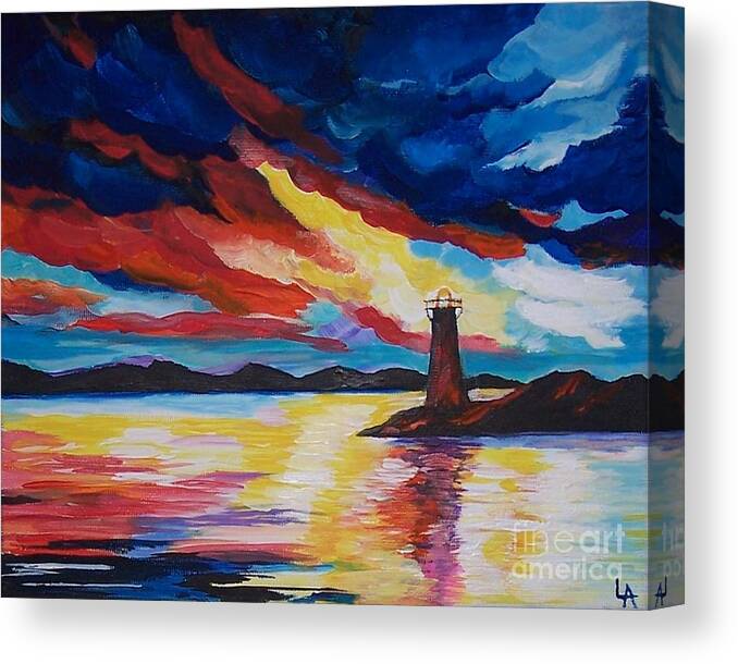 Lighthouse Canvas Print featuring the painting Lighthouse Storm by Leslie Allen