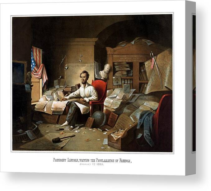 Abraham Lincoln Canvas Print featuring the painting Lincoln Writing The Emancipation Proclamation by War Is Hell Store