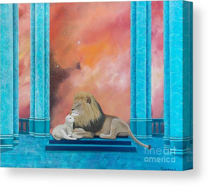 Lion Canvas Print featuring the painting Lion and Lamb by Tracey Goodwin