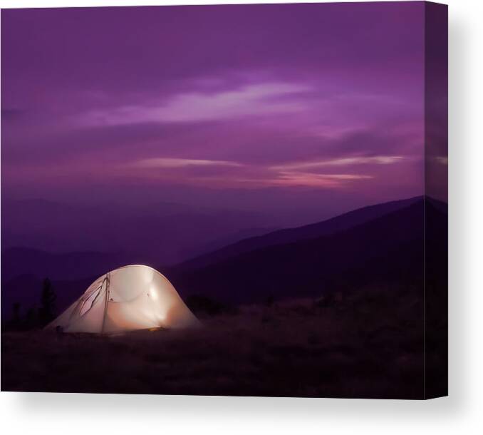 Adventure Canvas Print featuring the photograph Lit up tent at Sunset by Kelly VanDellen