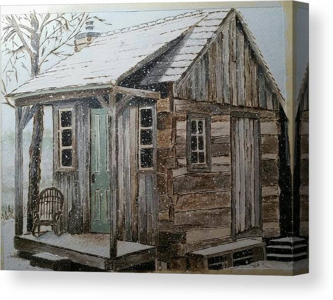 Rustic Buildings Canvas Print featuring the painting Little Cabin In The Woods by Judi Hendricks