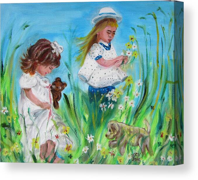 Children Canvas Print featuring the painting Little Girls Picking Flowers by Lucille Valentino