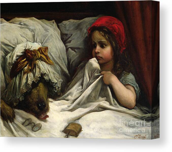 Wolf; Disguise; Child; Girl; Fairy Tale; Story; Glasses; Bed; Nightcap; Fear Canvas Print featuring the painting Little Red Riding Hood by Gustave Dore