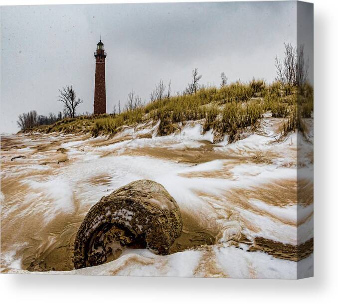 Little Sable Lighthouse Canvas Print featuring the photograph Little Sable in Winter by Joe Holley