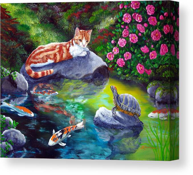 Cat Canvas Print featuring the painting Loki Meets a Turtle by Laura Iverson