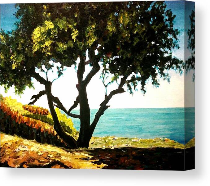 Landscape Art Canvas Print featuring the painting Lonely tree by the beach by Ray Khalife