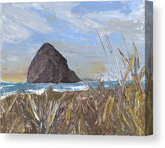Seascape Canvas Print featuring the painting Longing for the sounds of Haystack Rock by Ovidiu Ervin Gruia