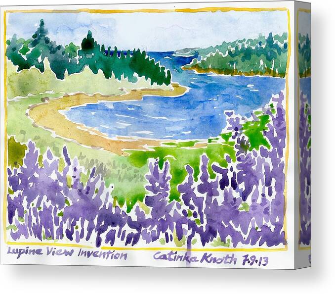  Canvas Print featuring the painting Lupine Coastal Scene Watercolor by Catinka Knoth