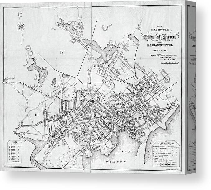 Lynn Canvas Print featuring the photograph Lynn MA 1876 Historical Map Black and White by Toby McGuire