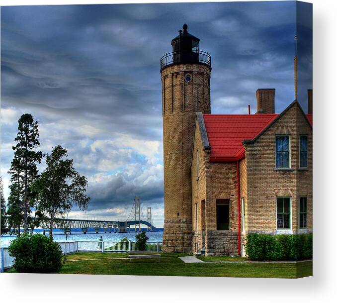 Mackinaw Canvas Print featuring the photograph Mackinaw Bridge and Lighthouse by Coby Cooper