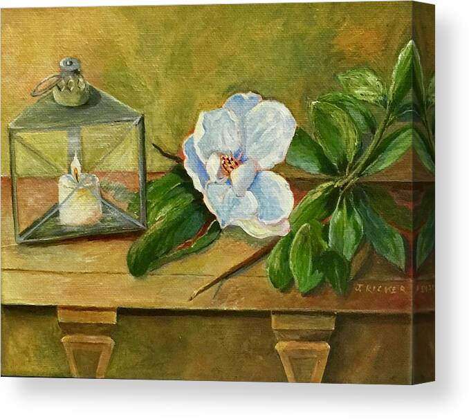 Magnolia Canvas Print featuring the painting Magnolia On Mantel by Jane Ricker