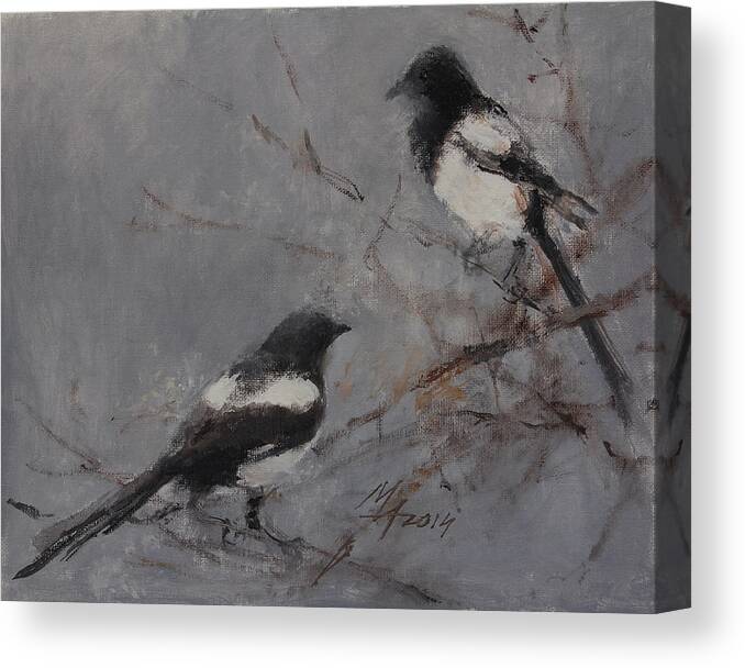 Magpie Canvas Print featuring the painting Magpies by Attila Meszlenyi