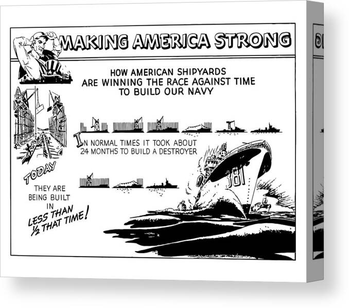Navy Canvas Print featuring the mixed media Making America Strong WW2 Cartoon by War Is Hell Store