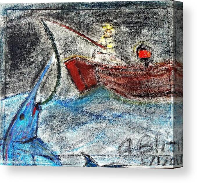 Man Canvas Print featuring the pastel Man vs. Marlin by Andrew Blitman