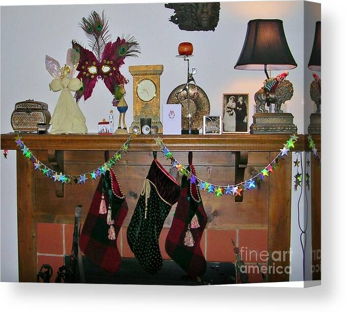 Feather Mask Canvas Print featuring the photograph Mantel With Mask by Rosanne Licciardi