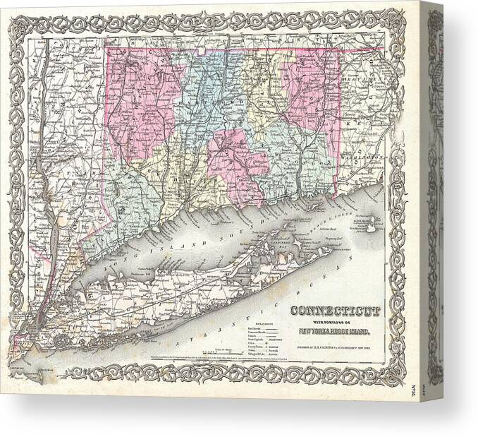 Joseph Hutchins Colton Canvas Print featuring the drawing Map of Connecticut and Long Island by Joseph Hutchins Colton