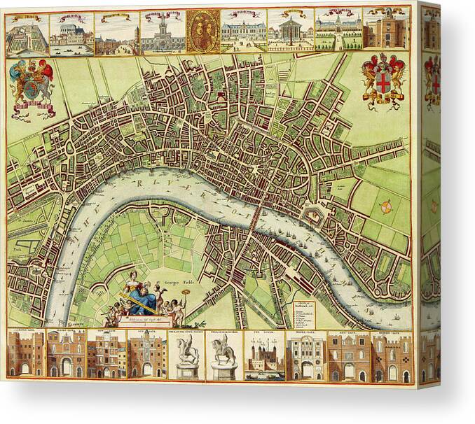 Map Canvas Print featuring the digital art Map of London in the 17th Century by Bill Cannon