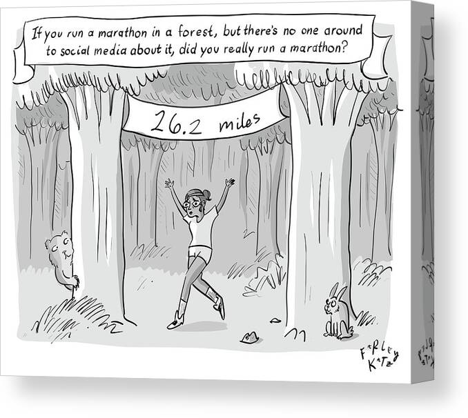 If You Run A Marathon In A Forest Canvas Print featuring the drawing Marathon In The Woods FINISH by Farley Katz