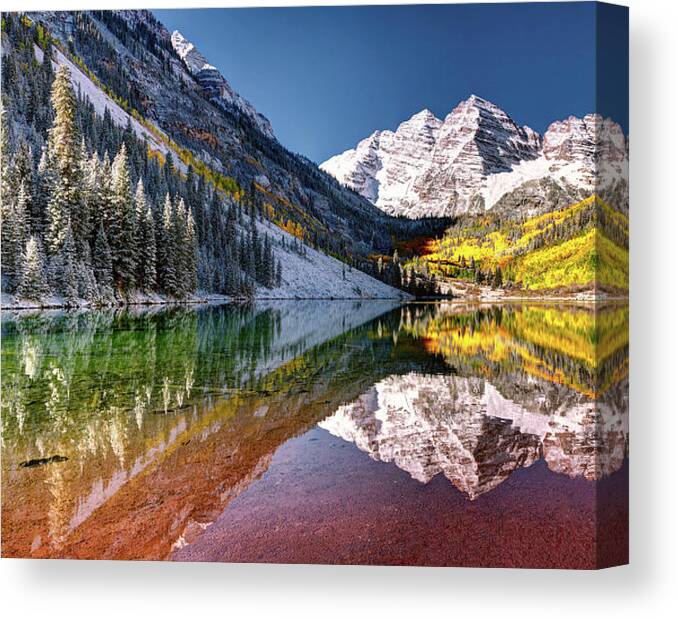 Olena Art Canvas Print featuring the photograph Sunrise at Maroon Bells Lake Autumn Aspen Trees in The Rocky Mountains Near Aspen Colorado by OLena Art