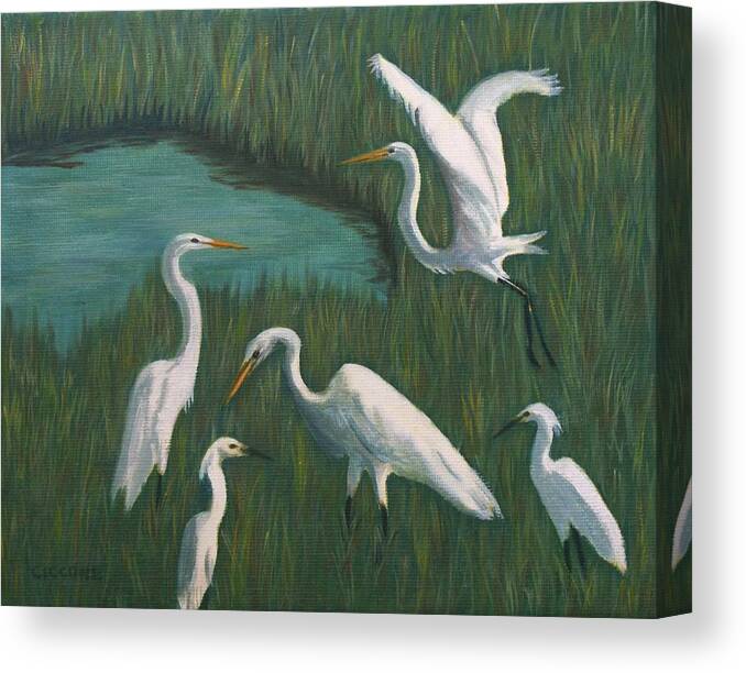 Egret Canvas Print featuring the painting Marsh Gathering by Jill Ciccone Pike