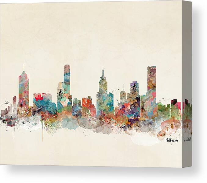 Melbourne City Skyline Canvas Print featuring the painting Melbourne Australia Skyline by Bri Buckley