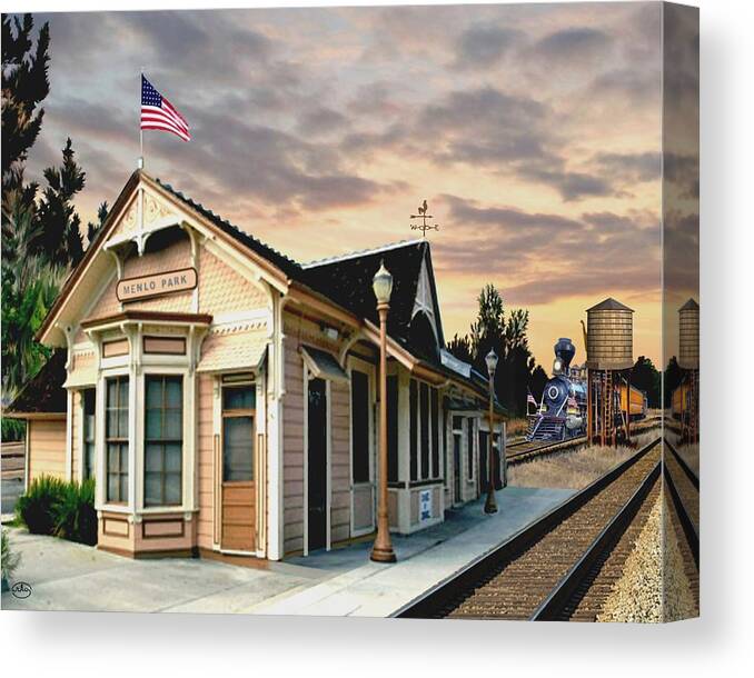 Menlo Train Station Historic Water Tower Railway Tank California Iron Horse Sunset Landscape Depot Park Railroad Tracks Twilight Steam Engine Old West Country Western Weather Vane Locomotive Street Lamps Buildings Iron Horse State Cowboys Horse Back Bare Center Horseback The Of To And A In Is It You He Was For On Are As I His Be Or Had By We Can All Up An She Do If So Her With That They Have But Were Then Word Make Like Our Rkc Ron Ronald K Chambers Usa Flag Old Glory United States America Park Canvas Print featuring the painting Menlo Park Station by Ron Chambers