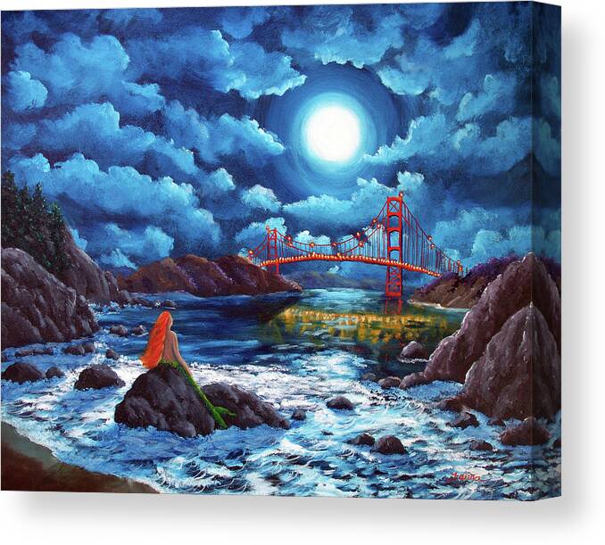 Painting Canvas Print featuring the painting Mermaid at the Golden Gate Bridge by Laura Iverson